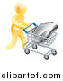Vector Illustration of a 3d Gold Man Pushing a Giant Computer Mouse in a Shopping Cart by AtStockIllustration