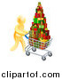 Vector Illustration of a 3d Gold Man Pushing a Shopping Cart Full of Presents by AtStockIllustration