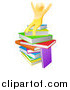 Vector Illustration of a 3d Gold Man Sitting on a Stack of Books and Cheering by AtStockIllustration