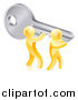 Vector Illustration of a 3d Gold Men Holding up a Giant Key by AtStockIllustration