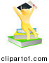 Vector Illustration of a 3d Gold Person Graduate with a Diploma, Cheering and Sitting on a Stack of Books by AtStockIllustration