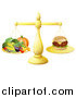 Vector Illustration of a 3d Golden Scale Comparing a Cheeseburger to Produce by AtStockIllustration