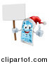 Vector Illustration of a 3d Happy Christmas Cell Phone Mascot Holding a Sign Thumb up and Wearing a Santa Hat by AtStockIllustration