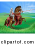 Vector Illustration of a 3d Knight Holding a Jousting Lance on a Rearing Brown Horse in a Valley by AtStockIllustration