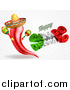 Vector Illustration of a 3d Mexican Flag Colored Happy Cinco De Mayo Text Design with a Chile Pepper Mascot Holding Maracas by AtStockIllustration