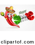 Vector Illustration of a 3d Mexican Flag Colored Happy Cinco De Mayo Text Design with a Chile Pepper Mascot Holding Maracas by AtStockIllustration