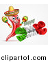 Vector Illustration of a 3d Mexican Flag Colored Happy Cinco De Mayo Text Design with a Chili Pepper Mascot Holding Maracas by AtStockIllustration