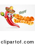 Vector Illustration of a 3d Orange Happy Cinco De Mayo Text with a Chile Pepper Character Wearing a Sombrero and Playing Maracas by AtStockIllustration