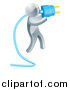 Vector Illustration of a 3d Silver Man Holding a Blue Electric Plug by AtStockIllustration