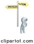 Vector Illustration of a 3d Silver Man Looking up at Gold Problem and Solution Crossroads Signs by AtStockIllustration