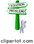 Vector Illustration of a 3d Silver Man Looking up at Problem and Solution Crossroads Signs by AtStockIllustration