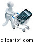 Vector Illustration of a 3d Silver Man Pushing a Calculator in a Shopping Cart by AtStockIllustration