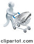 Vector Illustration of a 3d Silver Man Pushing a Computer Mouse in a Shopping Cart by AtStockIllustration