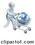 Vector Illustration of a 3d Silver Man Pushing a Globe in a Shopping Cart by AtStockIllustration