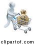 Vector Illustration of a 3d Silver Man Pushing a Money Bag in a Shopping Cart by AtStockIllustration