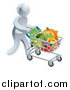 Vector Illustration of a 3d Silver Man Pushing a Shopping Cart Full of Produce by AtStockIllustration