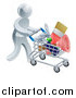 Vector Illustration of a 3d Silver Man Pushing a Shopping Cart Packed with Tools by AtStockIllustration