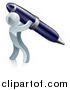 Vector Illustration of a 3d Silver Man Using a Giant Pen by AtStockIllustration