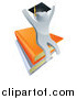 Vector Illustration of a 3d Silver Person Graduate Cheering and Sitting on a Stack of Books by AtStockIllustration
