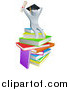 Vector Illustration of a 3d Silver Person Graduate Cheering, Holding a Diploma and Sitting on a Stack of Books by AtStockIllustration