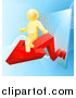 Vector Illustration of a 3d Successful Gold Man Walking on a Red Arrow over Graphs on Blue by AtStockIllustration