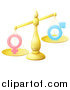 Vector Illustration of a 3d Unbalanced Gold Scale Weighing Gender Inequality Symbols by AtStockIllustration