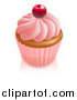 Vector Illustration of a 3d Vanilla Cupcake with Pink Frosting and Wrapper Topped with a Cherry by AtStockIllustration