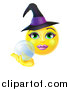 Vector Illustration of a 3d Yellow Female Smiley Emoji Emoticon Witch Holding a Crystal Ball by AtStockIllustration