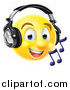 Vector Illustration of a 3d Yellow Male Smiley Emoji Emoticon Face Listening to Music Through Headphones by AtStockIllustration