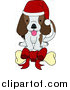 Vector Illustration of a Adorable Brown and White Puppy Dog Wearing a Santa Hat and Wagging Its Tail While Eying a Bone with a Red Bow on It by AtStockIllustration