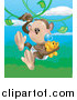 Vector Illustration of a Baby Monkey in a Diaper, Sucking a Pacifier While Carrying a Teddy Bear and Swinging on Vines in a Forest by AtStockIllustration