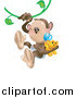 Vector Illustration of a Baby Monkey with a Pacifier and Teddy Bear, Swinging on a Vine by AtStockIllustration
