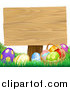 Vector Illustration of a Basket of Easter Eggs in the Grass Under a Blank Wood Sign by AtStockIllustration