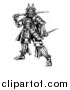 Vector Illustration of a Black and White Engraved Samurai Warrior Holding Swords by AtStockIllustration