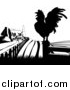 Vector Illustration of a Black and White Farm House, Silhouetted Crowing Rooster and Fields by AtStockIllustration