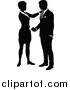 Vector Illustration of a Black and White Silhouetted Business Man and Woman Shaking Hands by AtStockIllustration
