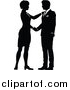 Vector Illustration of a Black and White Silhouetted Business Man and Woman Shaking Hands by AtStockIllustration