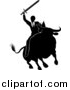 Vector Illustration of a Black and White Silhouetted Business Man Holding a Sword and Riding a Stock Market Bull by AtStockIllustration