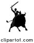 Vector Illustration of a Black and White Silhouetted Business Man Holding a Sword and Riding a Stock Market Bull by AtStockIllustration