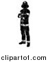 Vector Illustration of a Black and White Silhouetted Fireman Standing with Folded Arms by AtStockIllustration