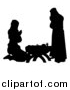 Vector Illustration of a Black and White Silhouetted Mary and Joseph Praying over Baby Jesus by AtStockIllustration