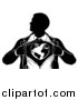 Vector Illustration of a Black and White Silhouetted Strong Business Man Super Hero Ripping off His Suit and Revealing a Heart Earth by AtStockIllustration
