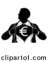 Vector Illustration of a Black and White Silhouetted Strong Business Man Super Hero Ripping off His Suit, Revealing a Euro Currency Symbol by AtStockIllustration
