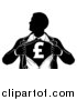 Vector Illustration of a Black and White Silhouetted Strong Business Man Super Hero Ripping off His Suit, Revealing a Pound Currency Symbol by AtStockIllustration