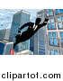 Vector Illustration of a Black and White Silhouetted Super Businesss Man Flying Through a City by AtStockIllustration