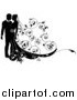 Vector Illustration of a Black and White Silhouetted Wedding Couple with a Swirl Floral Train by AtStockIllustration