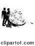 Vector Illustration of a Black and White Silhouetted Wedding Couple with Ornate Swirls by AtStockIllustration