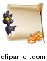 Vector Illustration of a Black Cat Pointing to a Scroll Sign with a Witch Broomstick and Halloween Pumpkins by AtStockIllustration
