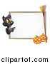 Vector Illustration of a Black Cat Pointing to a White Board Halloween Sign with Pumpkins and a Broomstick by AtStockIllustration