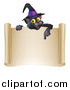 Vector Illustration of a Black Cat Wearing a Witch Hat and Pointing down at a Halloween Scroll Sign by AtStockIllustration